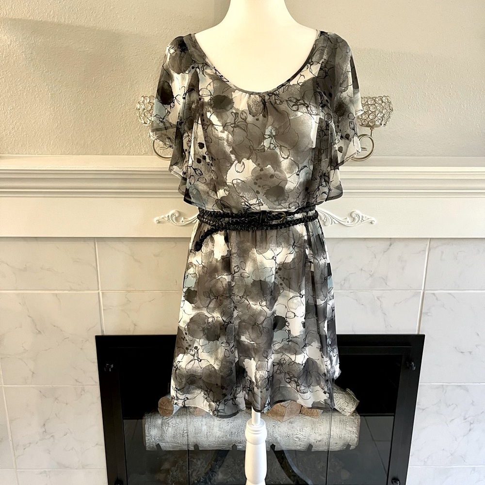 Ruffled Sleeve Teal and Gray Dress